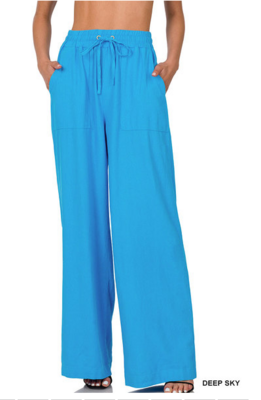 Zenana Soft Linen Drawstring-Waist Pants w/Pockets