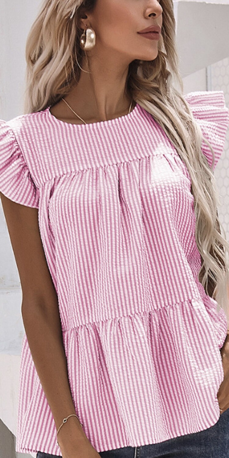 Pink Striped Ruffle Tiered Sleeveless Shirt