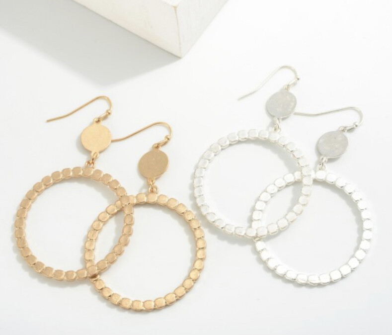 Worn Metal Circular Pebbled Drop Earrings