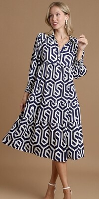 Umgee Geo Printed Tiered Midi Dress w/side pockets
