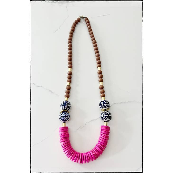 Coconut Wood & Chinoiserie glass Statement necklace