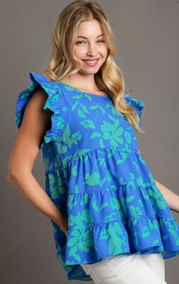 Umgee Two Tone Floral Print tiered Baby doll top