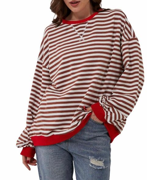 Women&#39;s Striped Color Block Long Sleeve Crew Neck