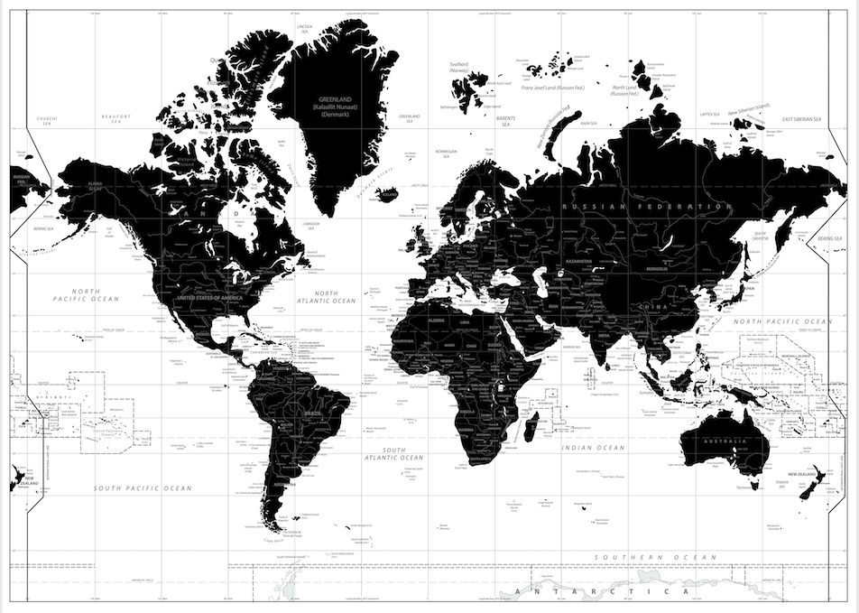 MAPA mundial en Blanco y Negro Actual 2021