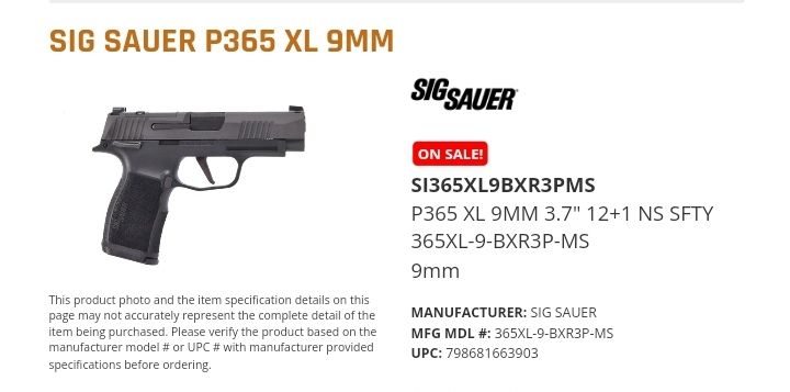 Sig Sauer P365XL 12rd &quot;Manual Safety&quot; (STOCK PHOTO)