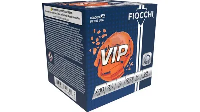 Fiocchi VIP 410ga 2.5in 1/2oz 1250FPS 9-SH 25rd Box. Oak Lawn, IL.
