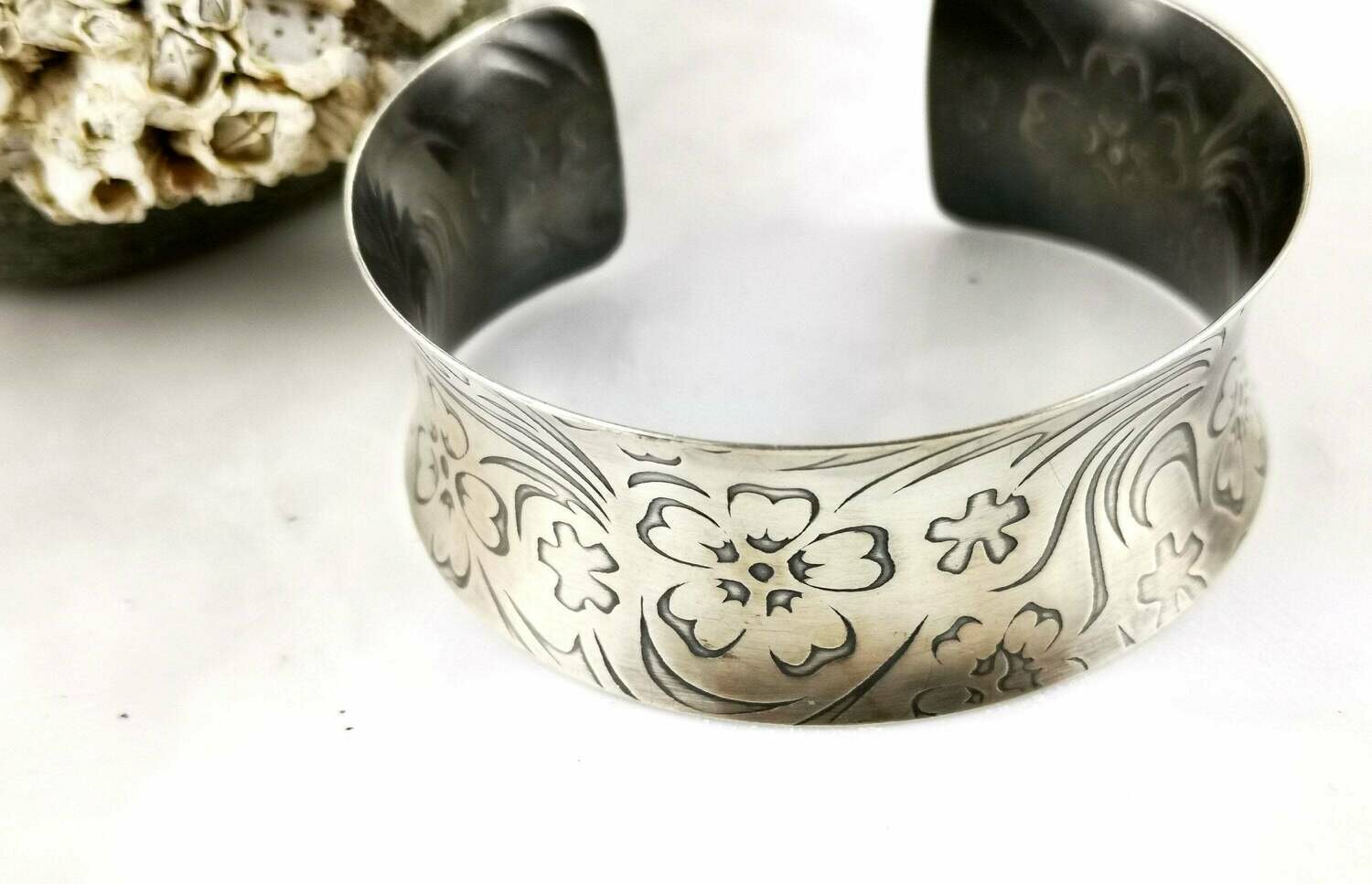Antiqued Sterling Silver Flower Textured Anticlastic Cuff Bracelet