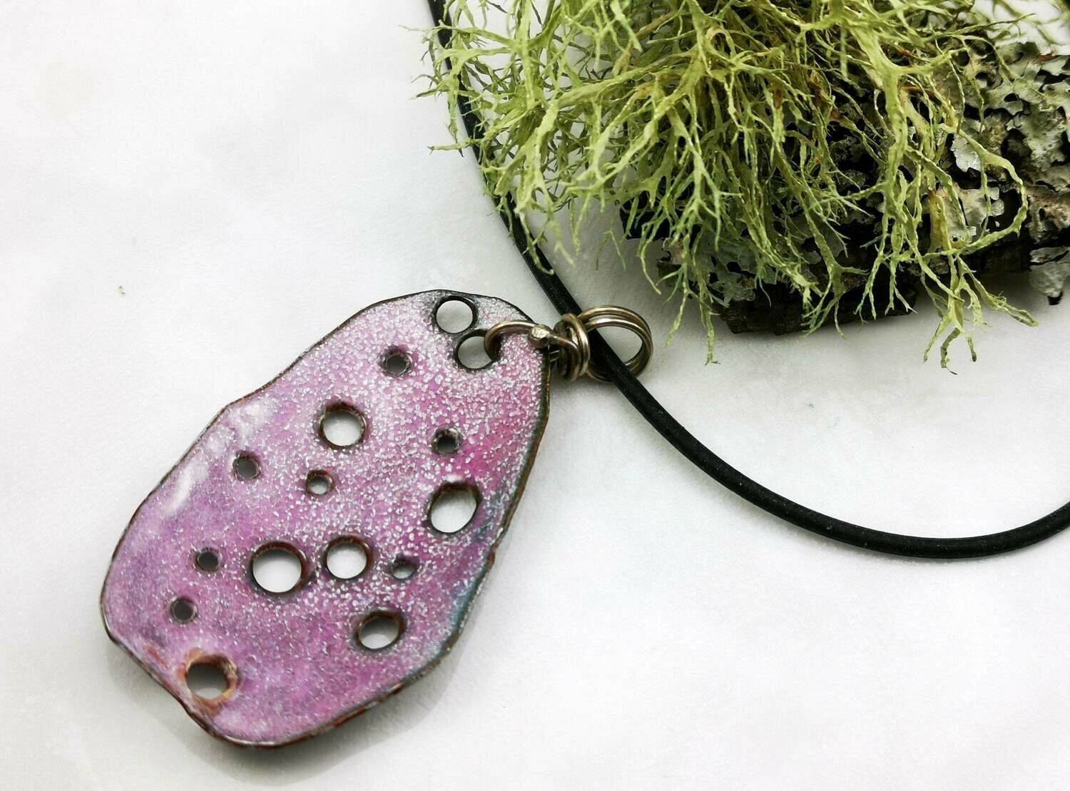 Hand Forged Mauve Enameled Copper Pendant with Silver Wire Wrapped Bail on Leather Cord