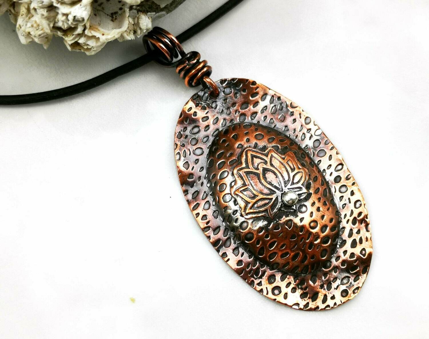Copper Lotus Flower with a Fused Fine Silver bead Pendant