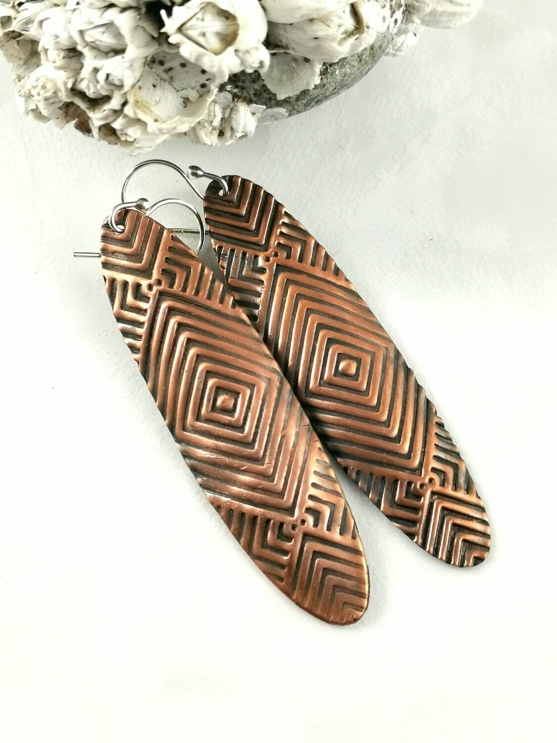 Funky Long Oval RETRO Tribal Textured Copper Earrings with a Deep Rich Patina