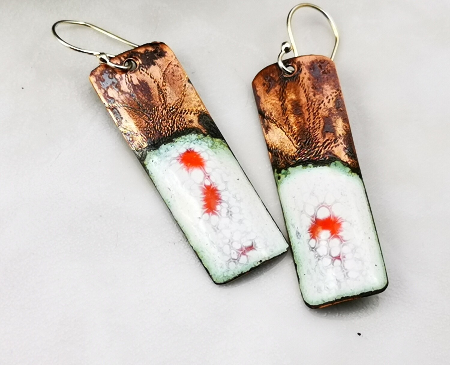 Orange and White Torch Fired Enamel Rectangle Earrings