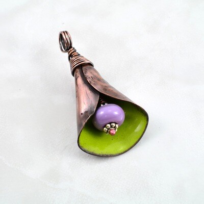 Rustic Green Torch Enameled Copper Lily Flower Pendant and Mauve Lilac Handmade Lampwork Focal Bead Handmade Birthday Gift Antiqued Oxidized Rustic Green Torch Enameled Copper Lily Flower Pendant and Mauve Lilac Handmade Lampwork Focal Bead Handmade Birthday Gift Antiqued Oxidized