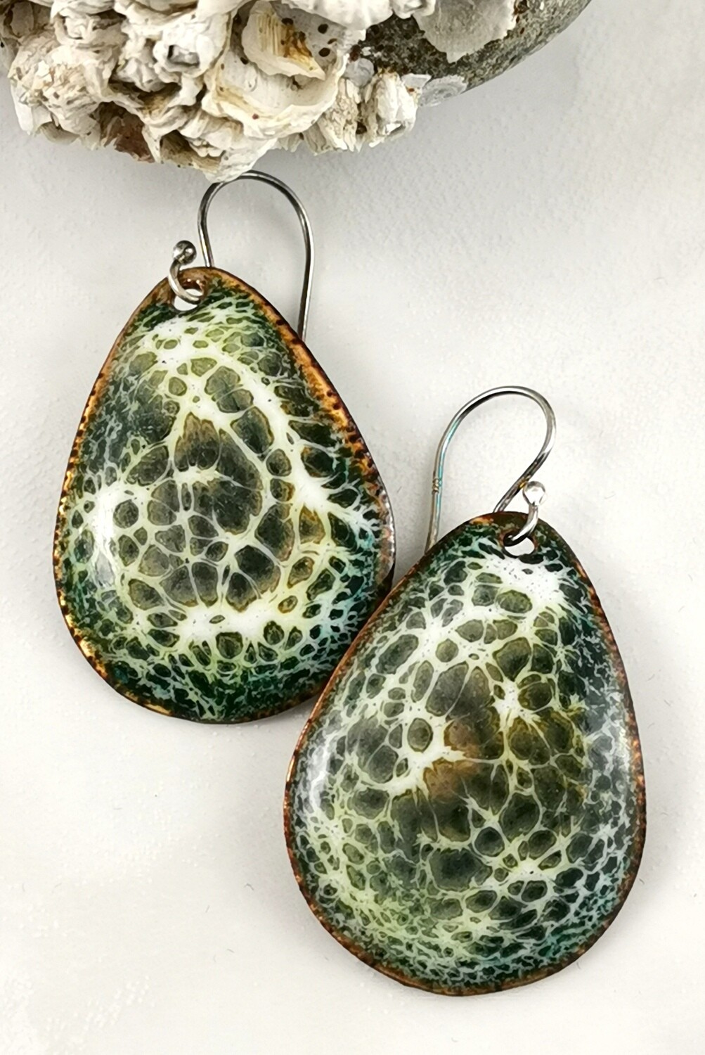 Green Enamel Earrings hues of green, golden brown and white