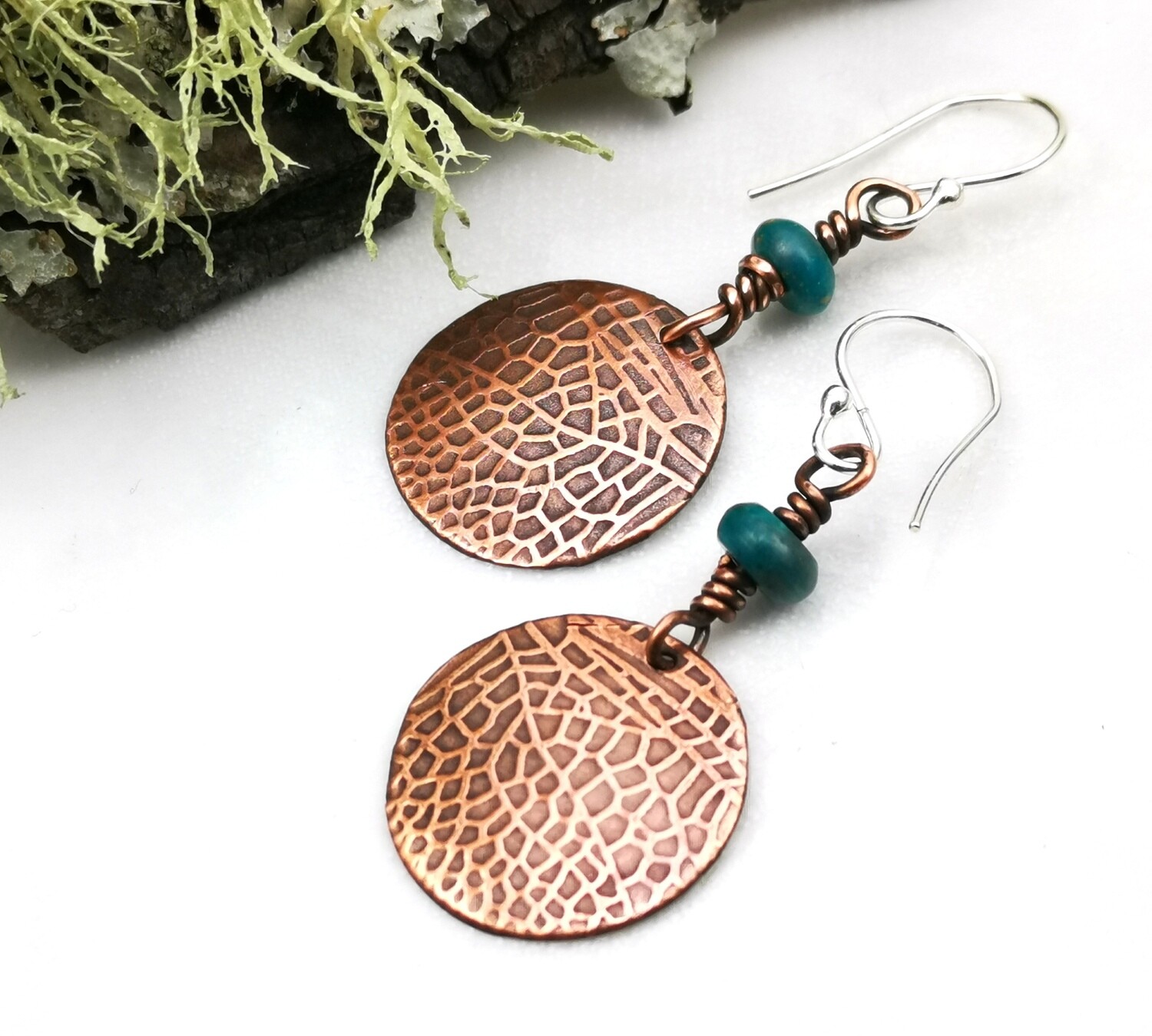 Round Fairy / Dragonfly Wing Textured Copper Earrings with wire wrapped blue green bead