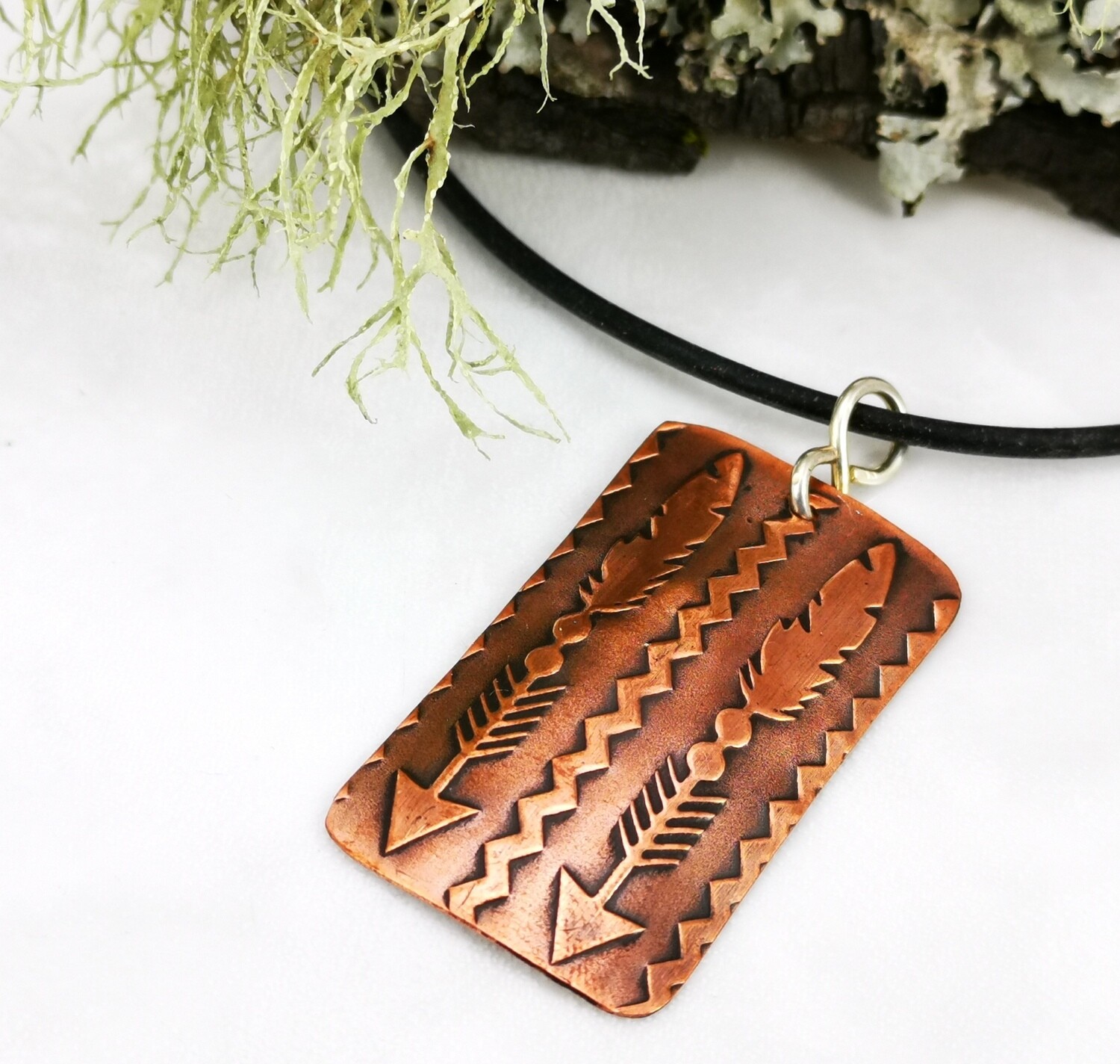 Textured Rectangle Feathers and Arrows Copper Pendant