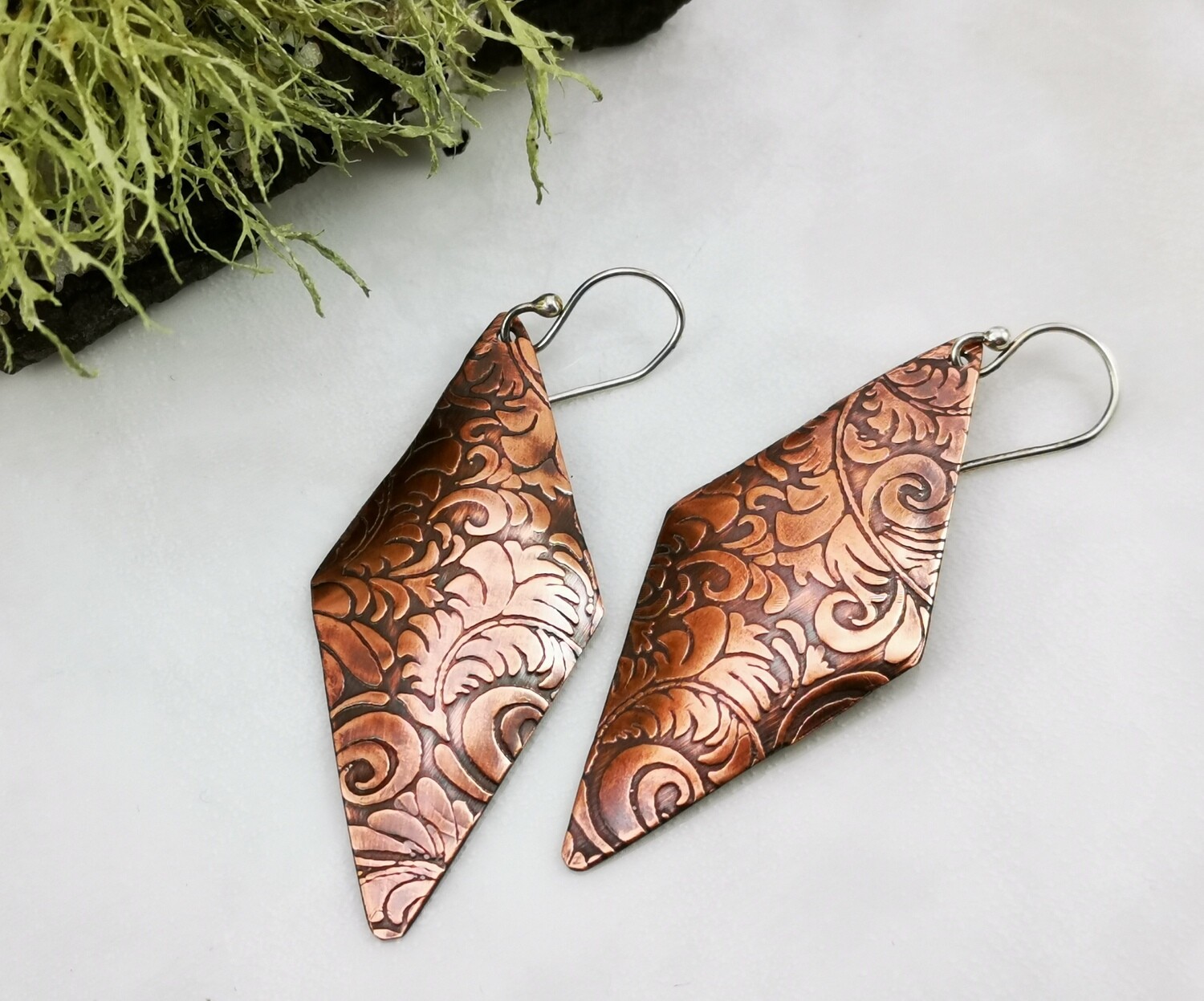 Long Sleek Diamond Shaped Copper Earrings with a Tooled Leather Pattern