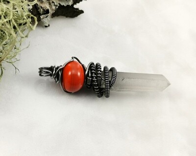 Crystal Healing, Crystal Quartz Points, Quartz Healing Stones, Reiki, Meditation, Orange Lampwork, Crystal Dagger Pendant, Steel Wire Wrapped, Steel Wire, Pendant, Necklace, Gifts for Her