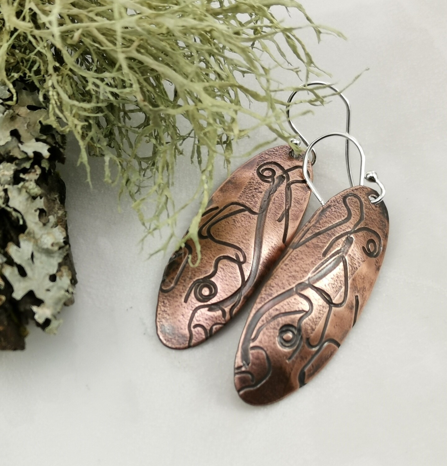 Abstract Jewelry, Textured Earrings, Copper Jewelry, Handmade, Patterned Copper, Patterned Metal, Dangle Earrings, Oval Earrings, One of a Kind, Gifts for Her