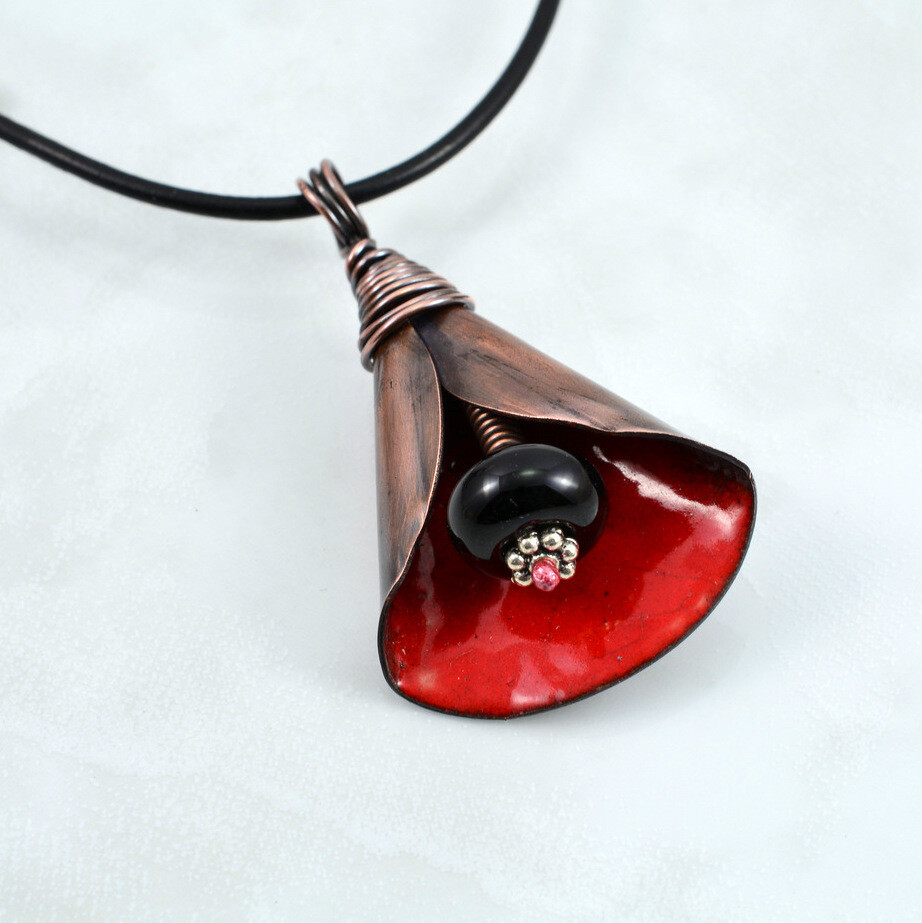 Rustic Red Torch Enameled Copper Lily Flower Pendant and Black Lampwork Bead Gift for Women Antiqued Oxidized