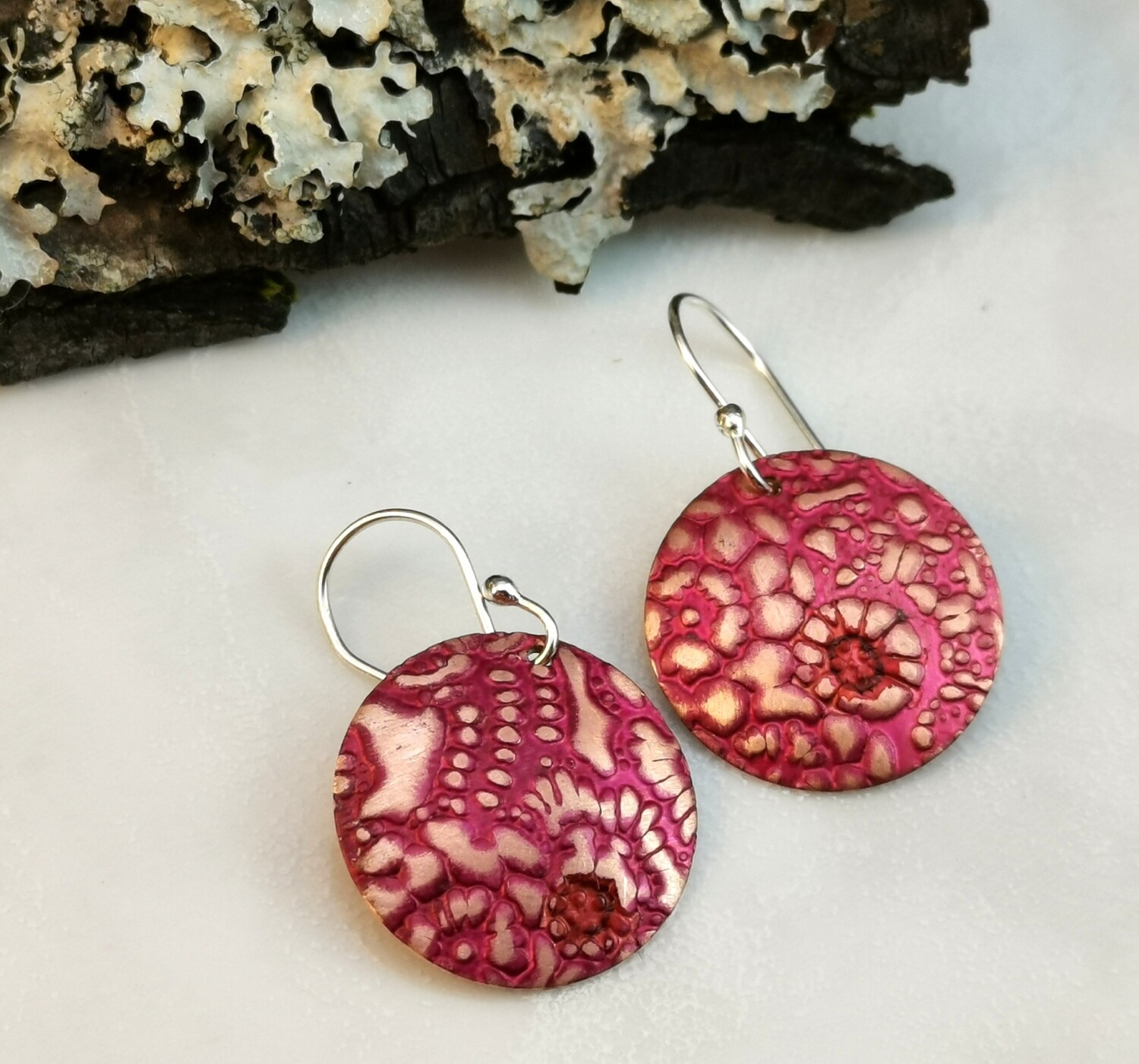 Hand Painted Raspberry Round Flower Patterned Copper Earrings on Sterling Silver Ear Wires