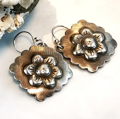 Sterling Silver Repousse Flower Earrings with scalloped edges