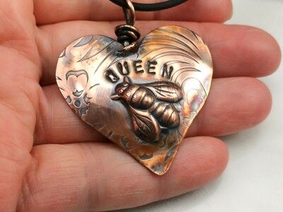Repousse QUEEN BEE Copper Heart Pendant Repousse QUEEN BEE Copper Heart Pendant