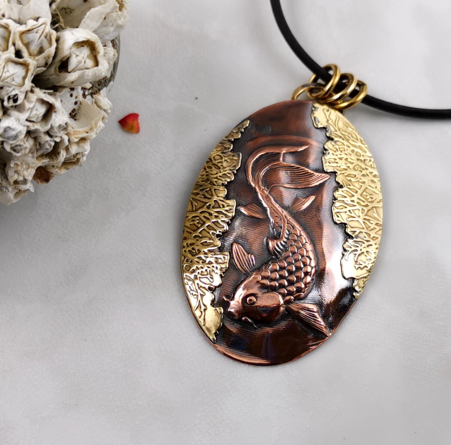 Hand Engraved Copper NuGold Koi Fish Repousse Pendant