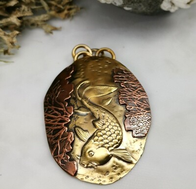 Hand Engraved NuGold & Copper Koi Fish Repousse Pendant Hand Engraved NuGold & Copper Koi Fish Repousse Pendant