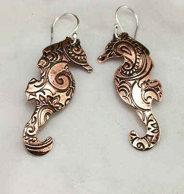 Domed Seahorse Patterned Copper Earrings Domed Seahorse Patterned Copper Earrings