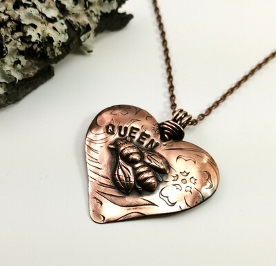 Repousse QUEEN BEE Copper Heart Pendant Repousse QUEEN BEE Copper Heart Pendant