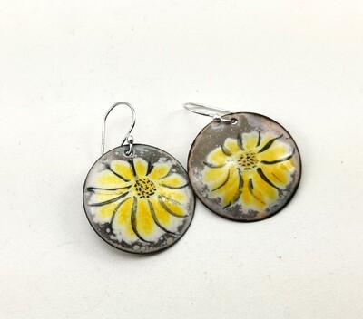 Flower Enameled Jewelry, Gifts for Her, Enamel Earrings, Enamel Circle, Enamel Copper, Yellow White Gray Enamel, Torch Enameled, Copper Earrings, Round Earrings Flower Enameled Jewelry, Gifts for Her, Enamel Earrings, Enamel Circle, Enamel Copper, Yellow White Gray Enamel, Torch Enameled, Copper Earrings, Round Earrings
