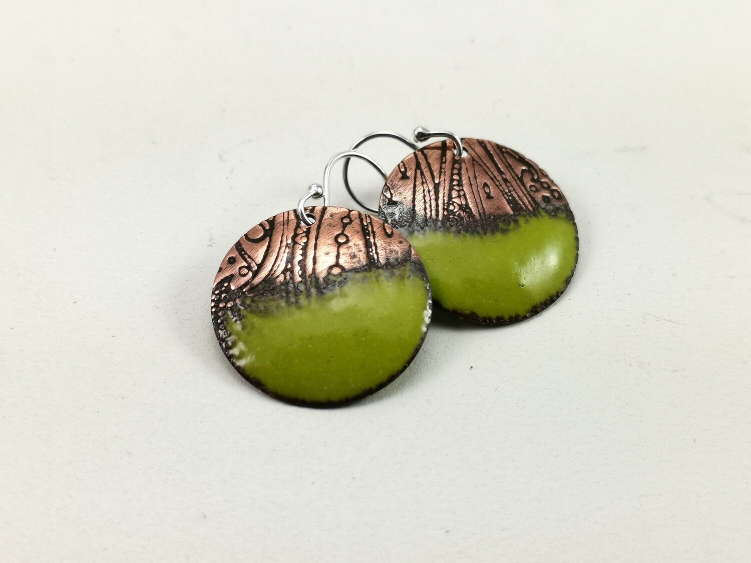 Green Enamel Earrings and Zentangle Patterned Copper Earrings