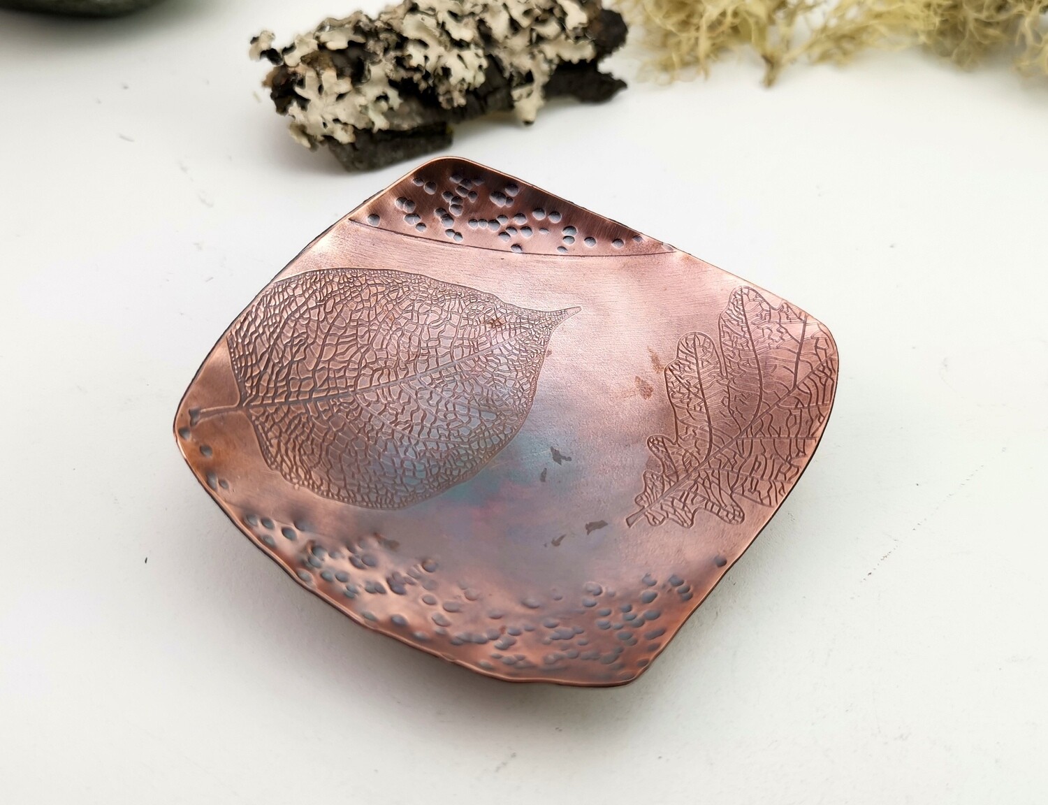 Hand Forged Skeletal Leaves and Hammer Patterned Copper Bowl