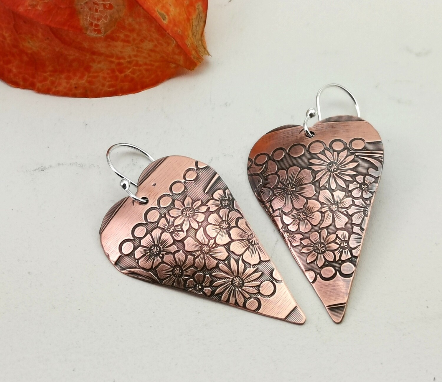 Floral Patterned Copper Heart Earrings