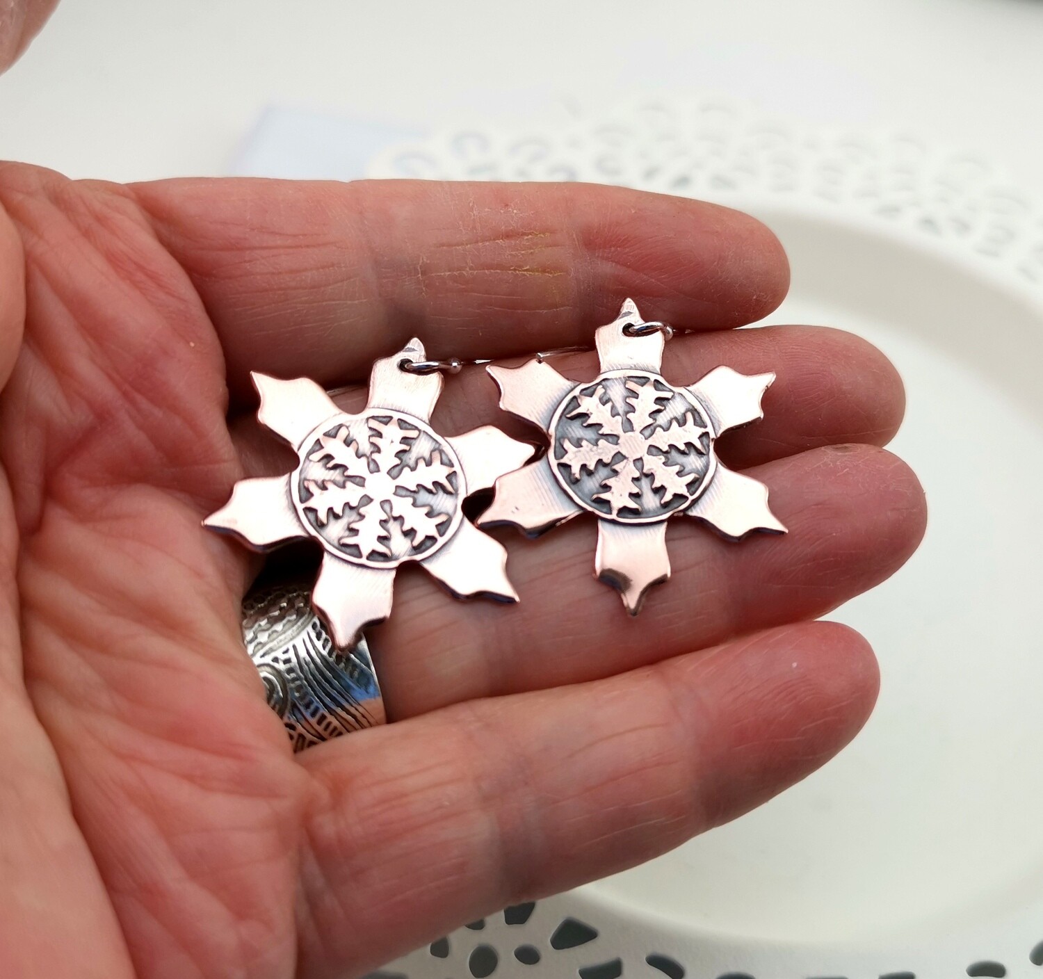Snow Flake Copper Earrings, Gifts for Her, 7th Anniversary