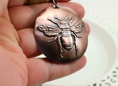 Round Copper Mighty Bee Impression Pendant, Gifts for Her, 7th Anniversary