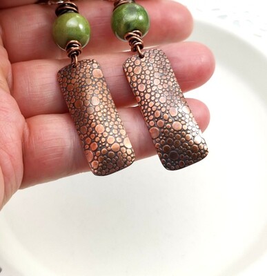 Tiny Bubbles Pattern Copper Rectangle Earrings with wire wrapped Fairtrade Green Ceramic Bead