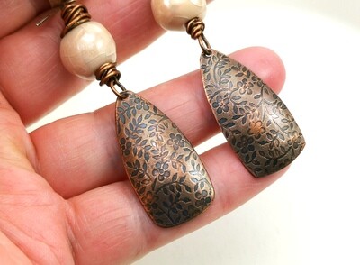 Flower Pattern Copper Rectangle Earrings with wire wrapped Fairtrade Cream Kazuri Beads