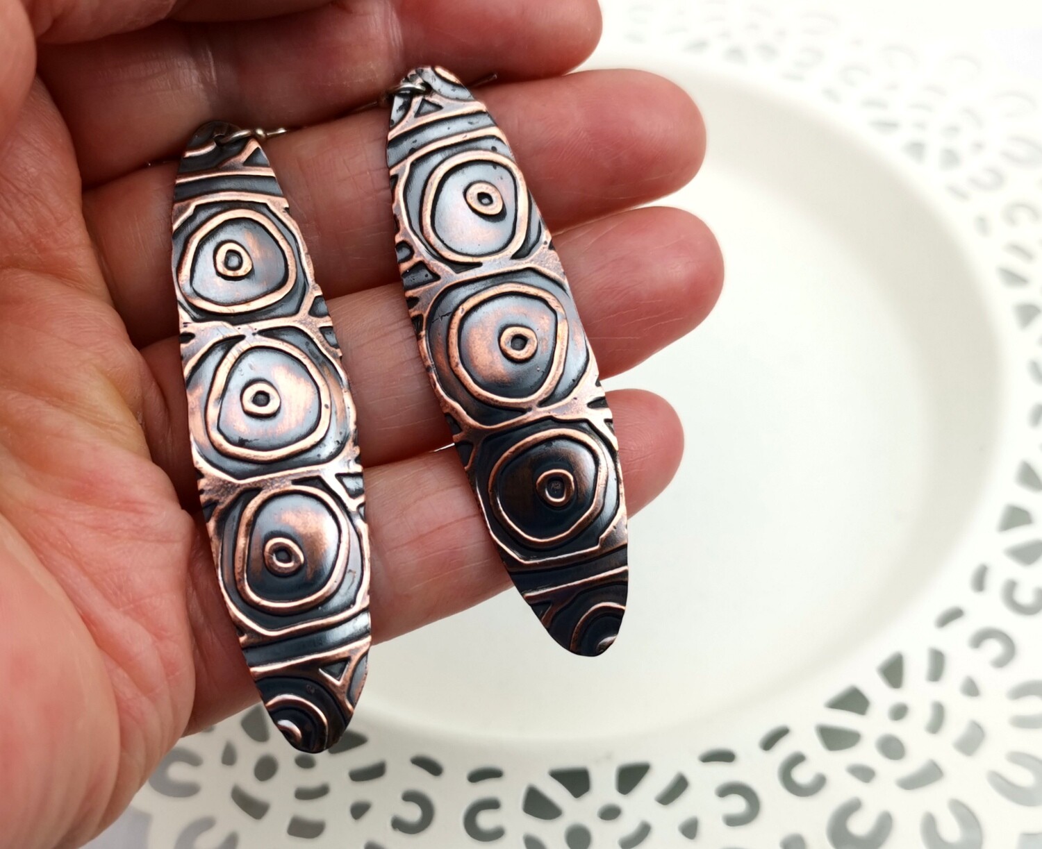 Funky Long Oval Tribal Textured Copper Earrings with a Deep Rich Patina