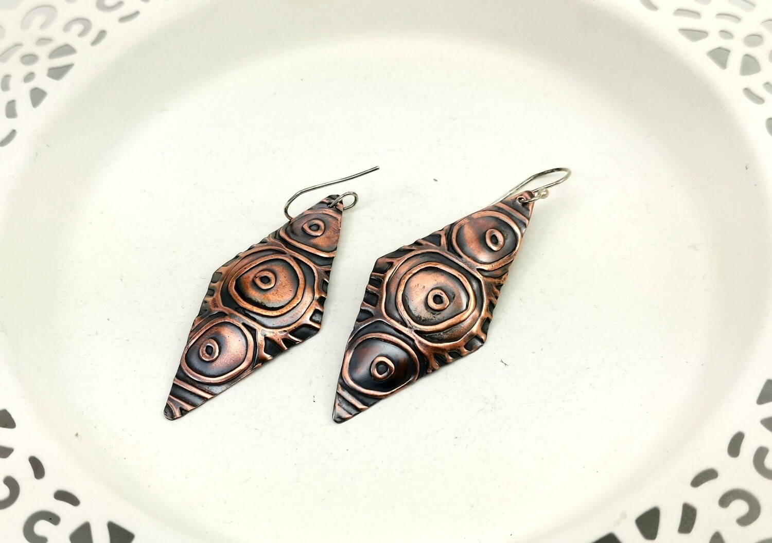 Long Dangle Diamond Tribal Circle Patterned Copper Earrings