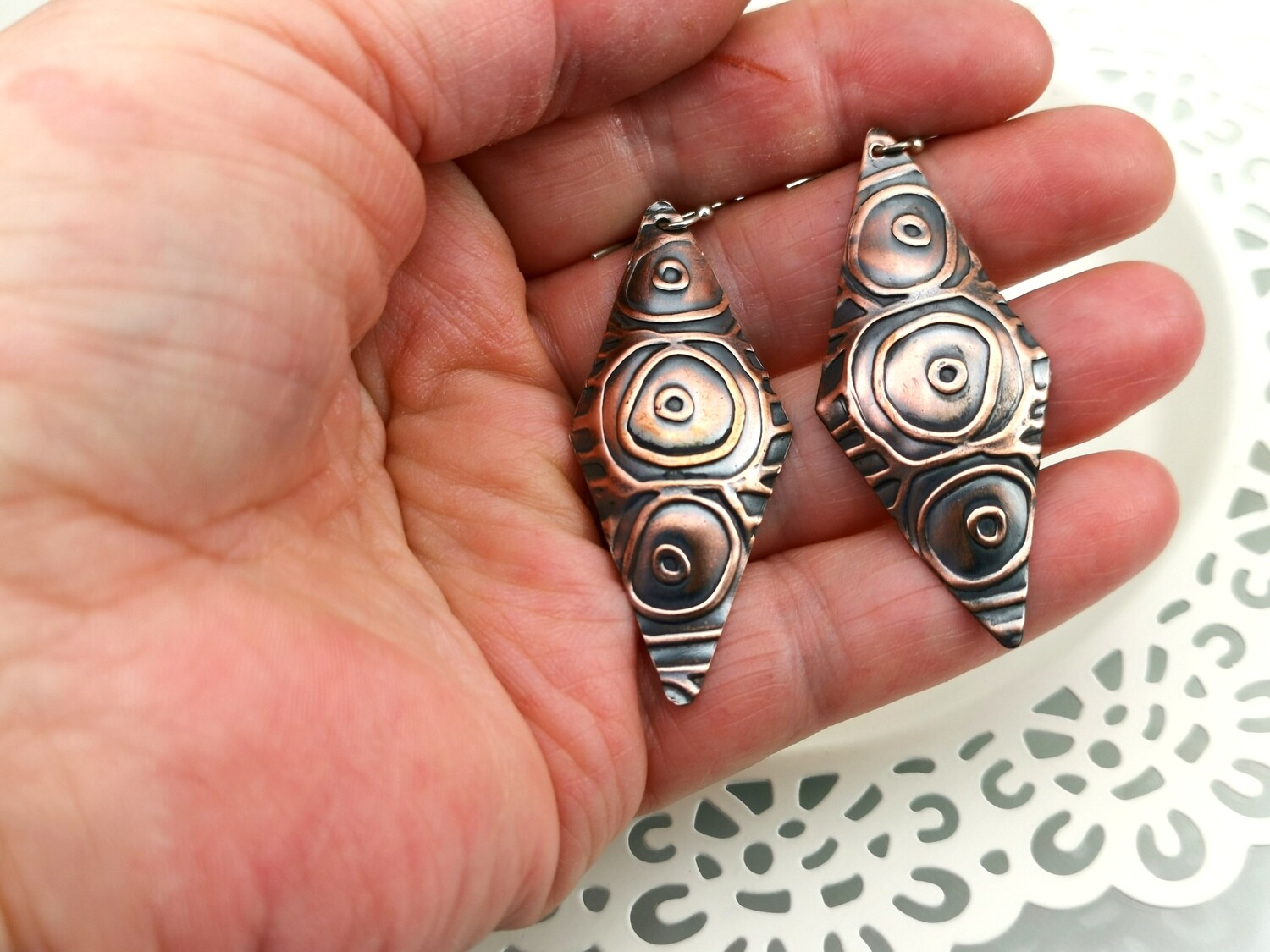 Funky Long Diamond Tribal Textured Copper Earrings with a Deep Rich Patina