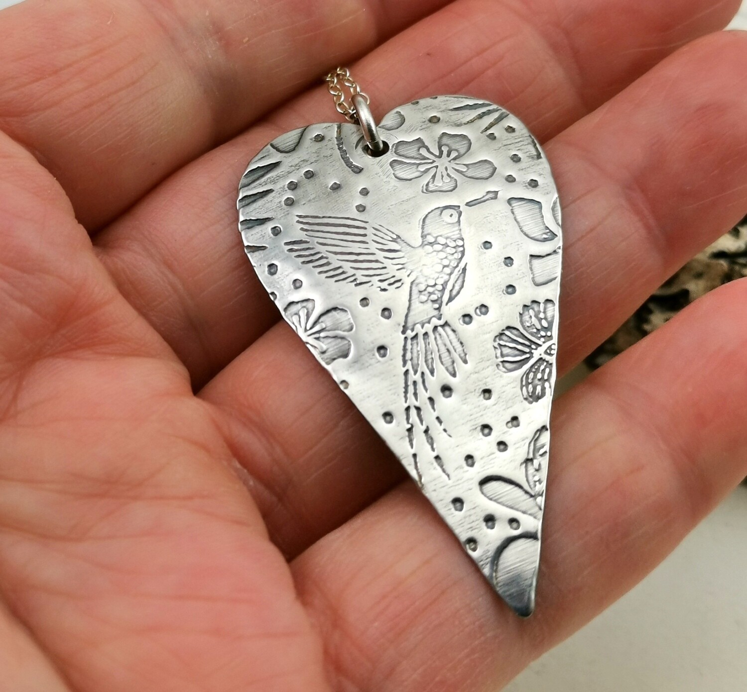 Hummingbird Sterling Silver Heart Pendant