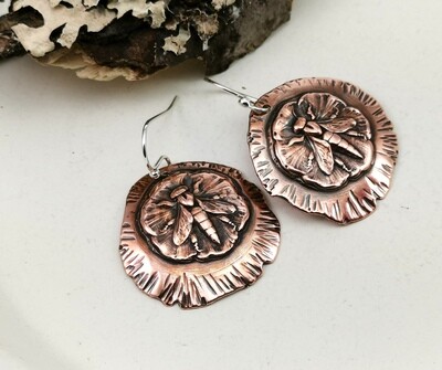 The Pollinator Copper Bee Earrings with hammered textured edges, gifts for her, 7th anniversary