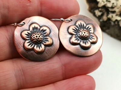 Repousse Flower Copper Earrings on Sterling Silver Ear Wires
