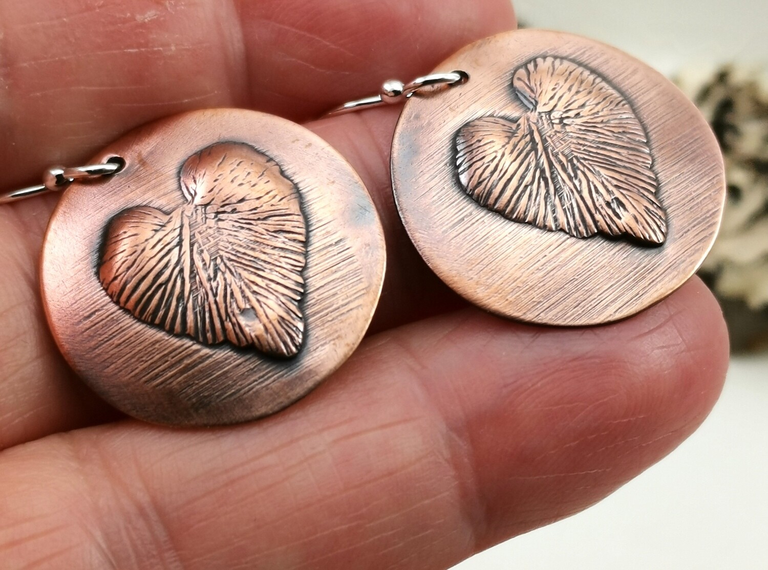 Repousse Heart Copper Earrings on Sterling Silver Ear Wires