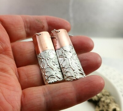 Rectangle Copper Earrings with Textured Gilded Silver
