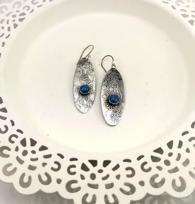 Denim Blue Lapis Cabochon Earrings Patterned Sterling Silver