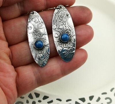 Oval Patterned Sterling Silver Earrings with bezel set Blue Lapis Cabochon, Gift for Her