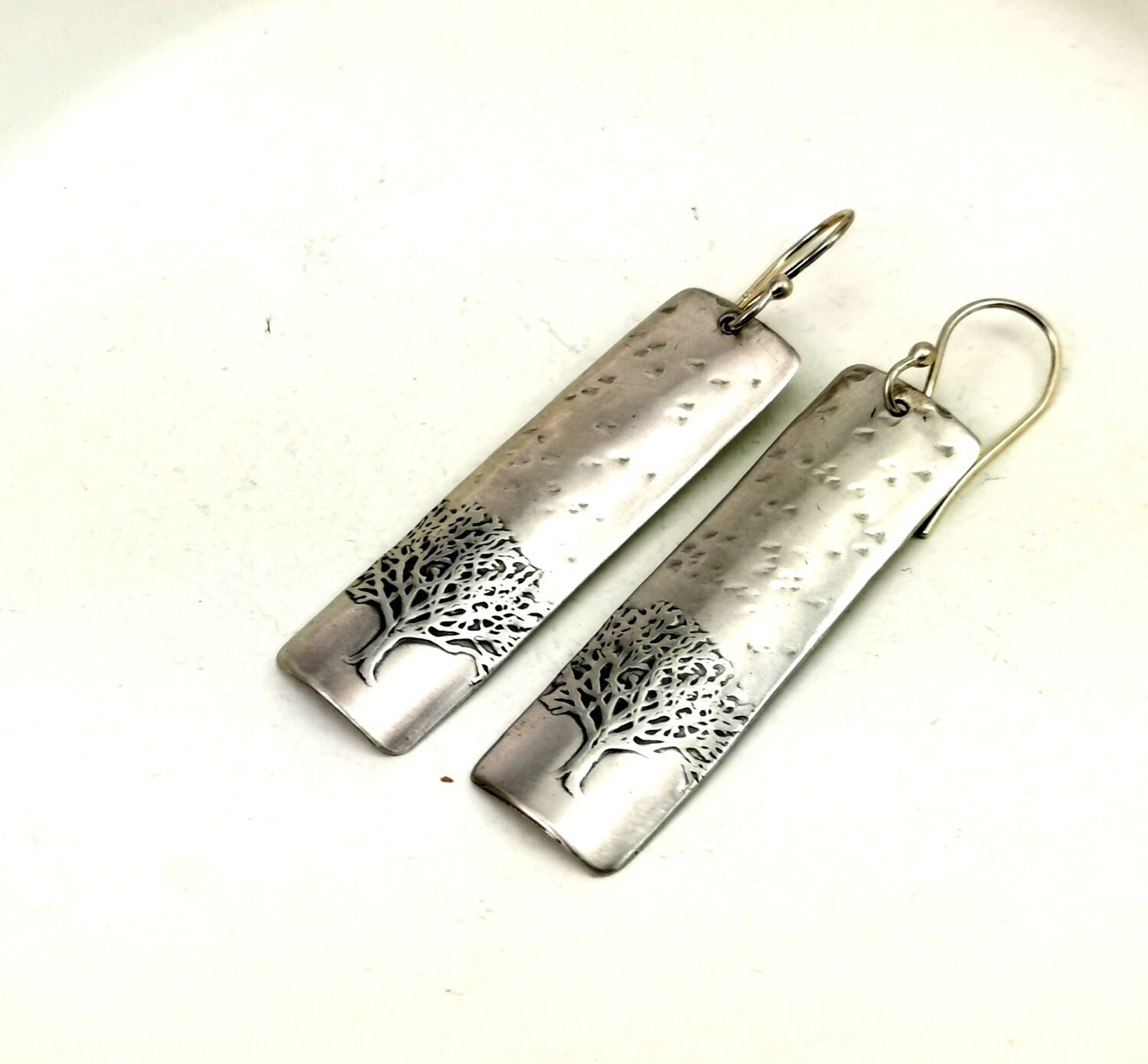 Tree of Life Rectangle Sterling Silver Earrings with Hammered Texture, Gift for Her