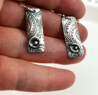 Rectangle Sterling Earrings w/ soldered Water Cast embellishment